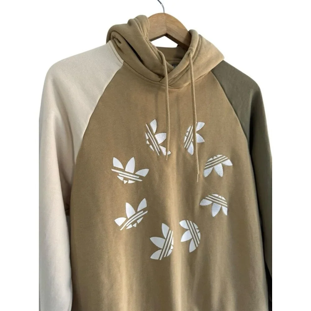 Adidas Men's Sz M Blocked Bold Hoodie Beige Pullover Trefoil Logo (HE0075)